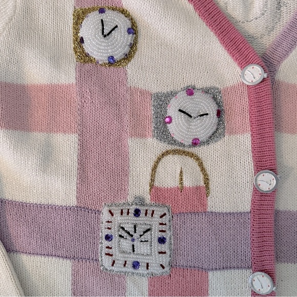 STORYBOOK KNITS Clock Watches Story Time VINTAGE Sweater Cardigan RARE Sz. M - Picture 3 of 8